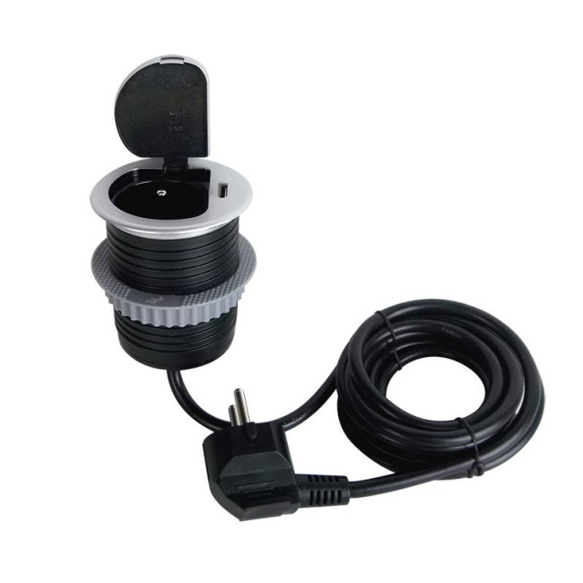 zásuvka 1z + USB-C 20W PD vstavaná zásuvka, 2m, strieborná PP122C-PD20
