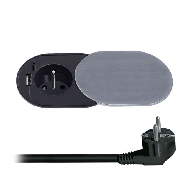 zásuvka 1z + USB A+C 20W PD vstavaná zásuvka s posuvným viečkom, 2m, strieborná PP124C-PD20