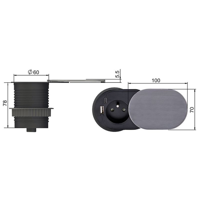 zásuvka 1z + USB A+C 20W PD vstavaná zásuvka s posuvným viečkom, 2m, strieborná PP124C-PD20